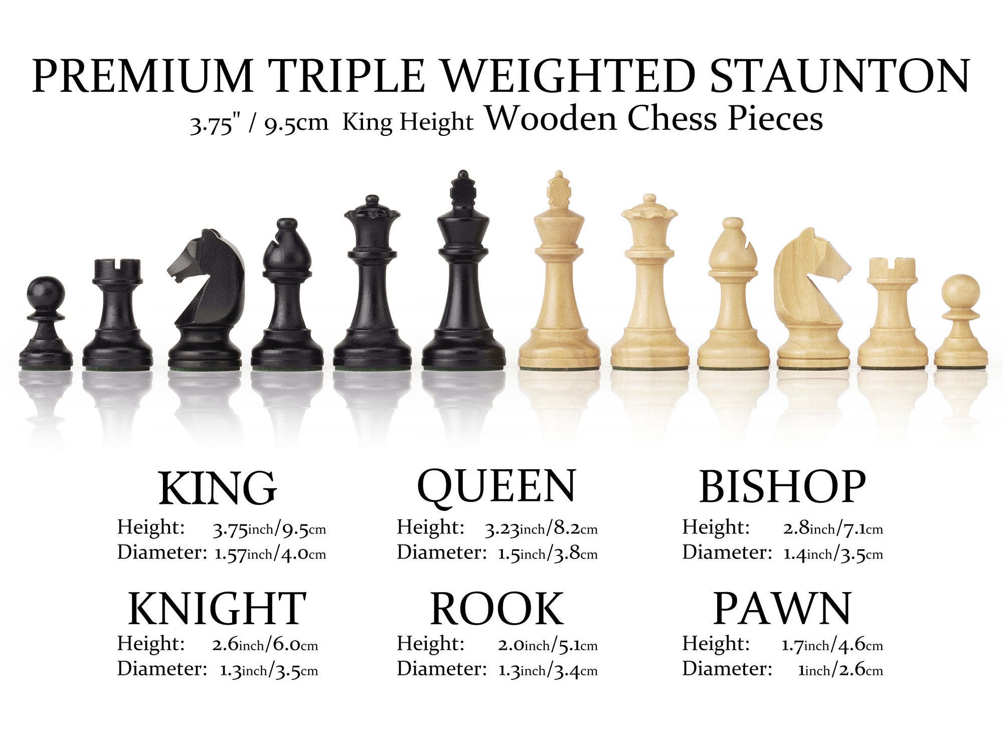 A&A Premium Wooden Staunton Chess Pieces - King Height 3.75"/3‘’