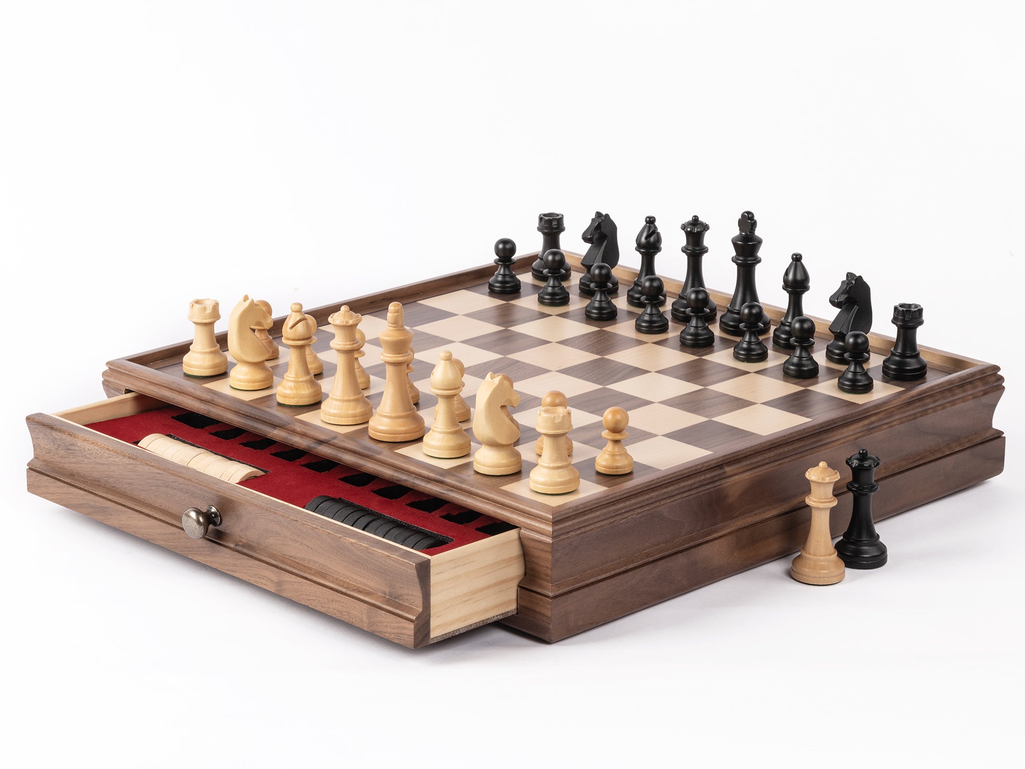 chess and checkers set with drawer and each chess piece has its designated storage slot.