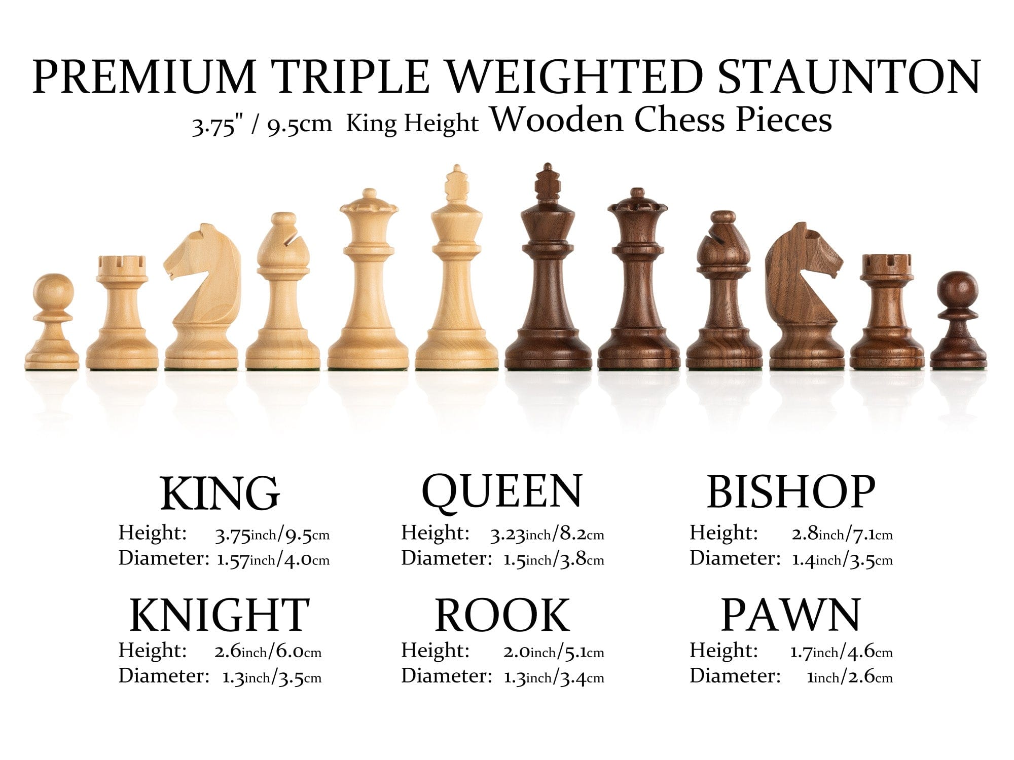 A&A CHESS CHESS PIECES A&A Walnut Wood Staunton Chess Pieces - King Height 3.75"/9.5cm