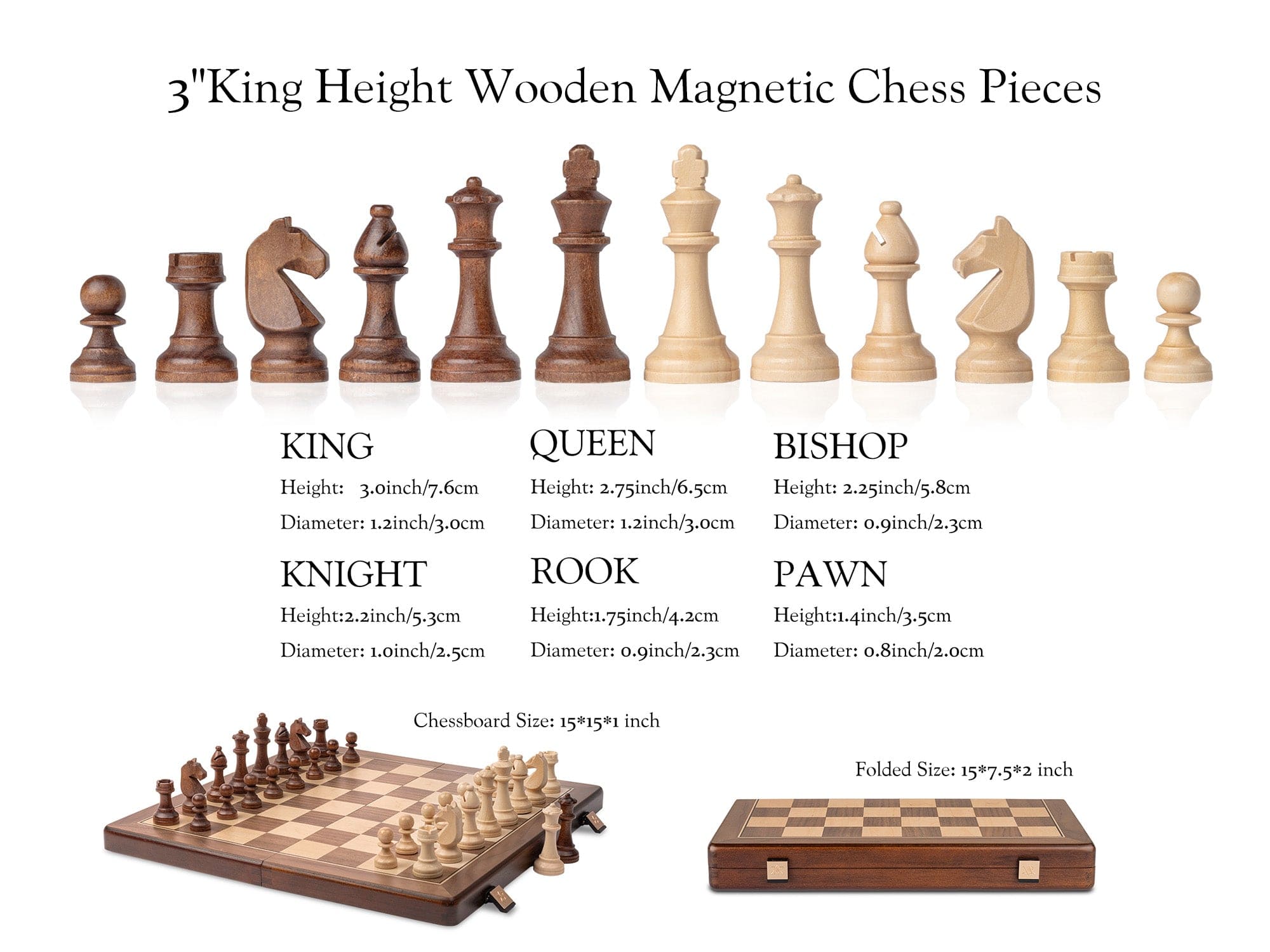 A&A CHESS CHESS SET A&A 15" Magnetic Wooden Walnut Finish Folding Chess Sets