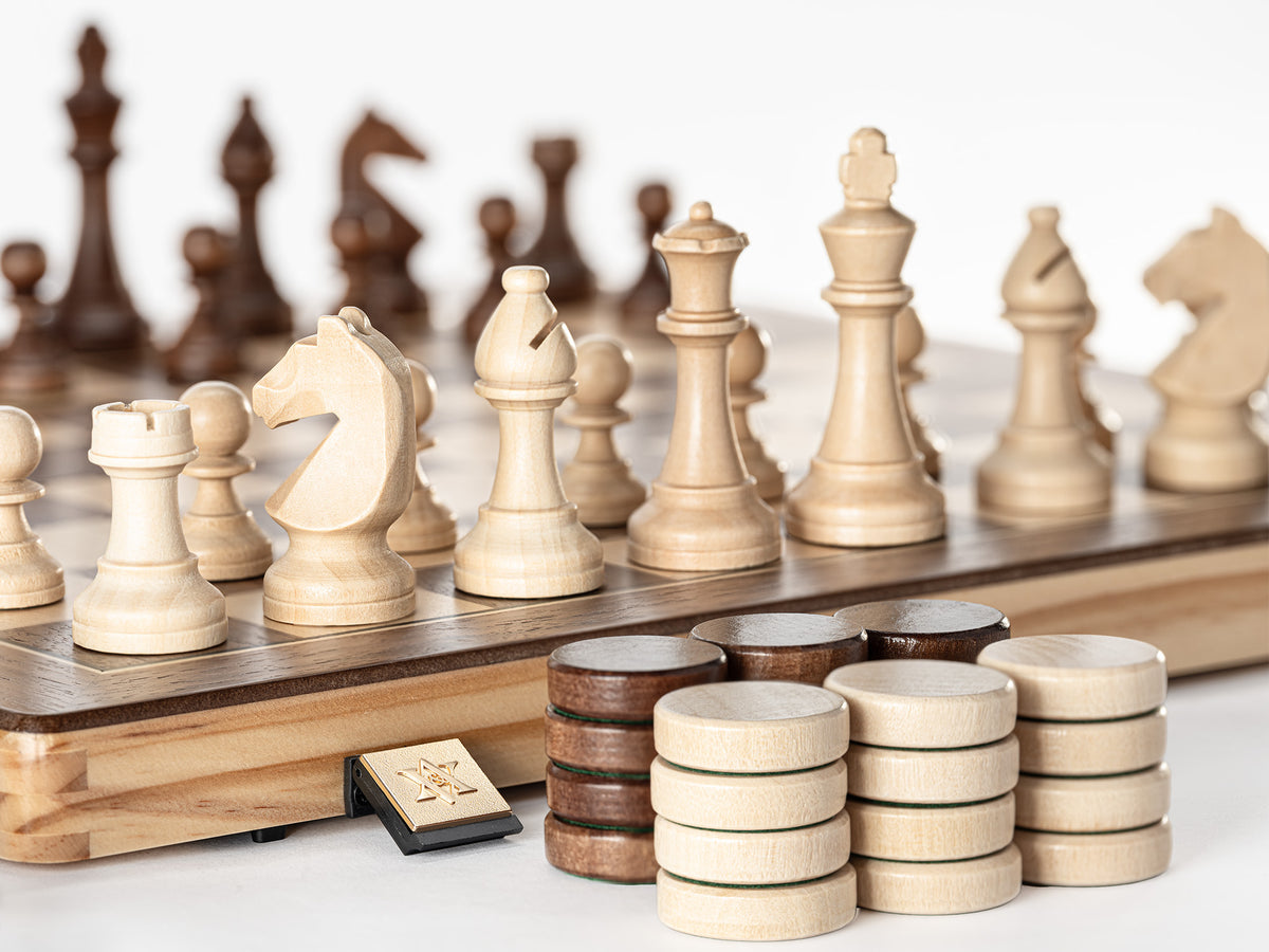 A&A CHESS CHESS SET A&A 15'' Natural Wood Folding Magnetic Chess & Checkers Set