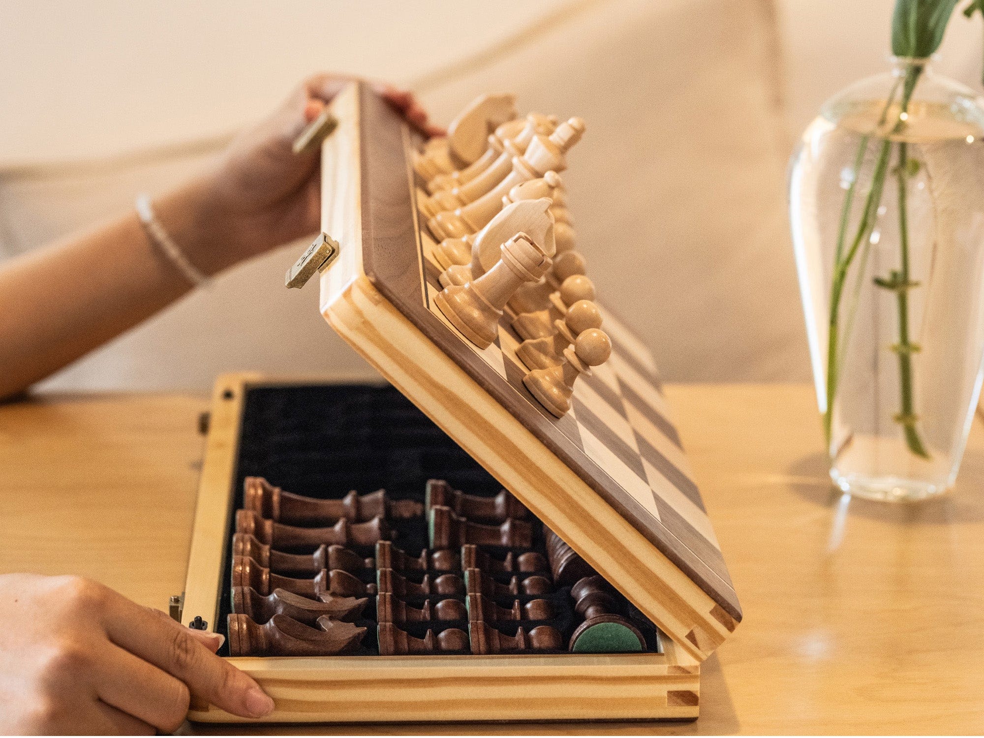 A&A CHESS CHESS SET A&A 15'' Natural Wood Folding Magnetic Chess & Checkers Set