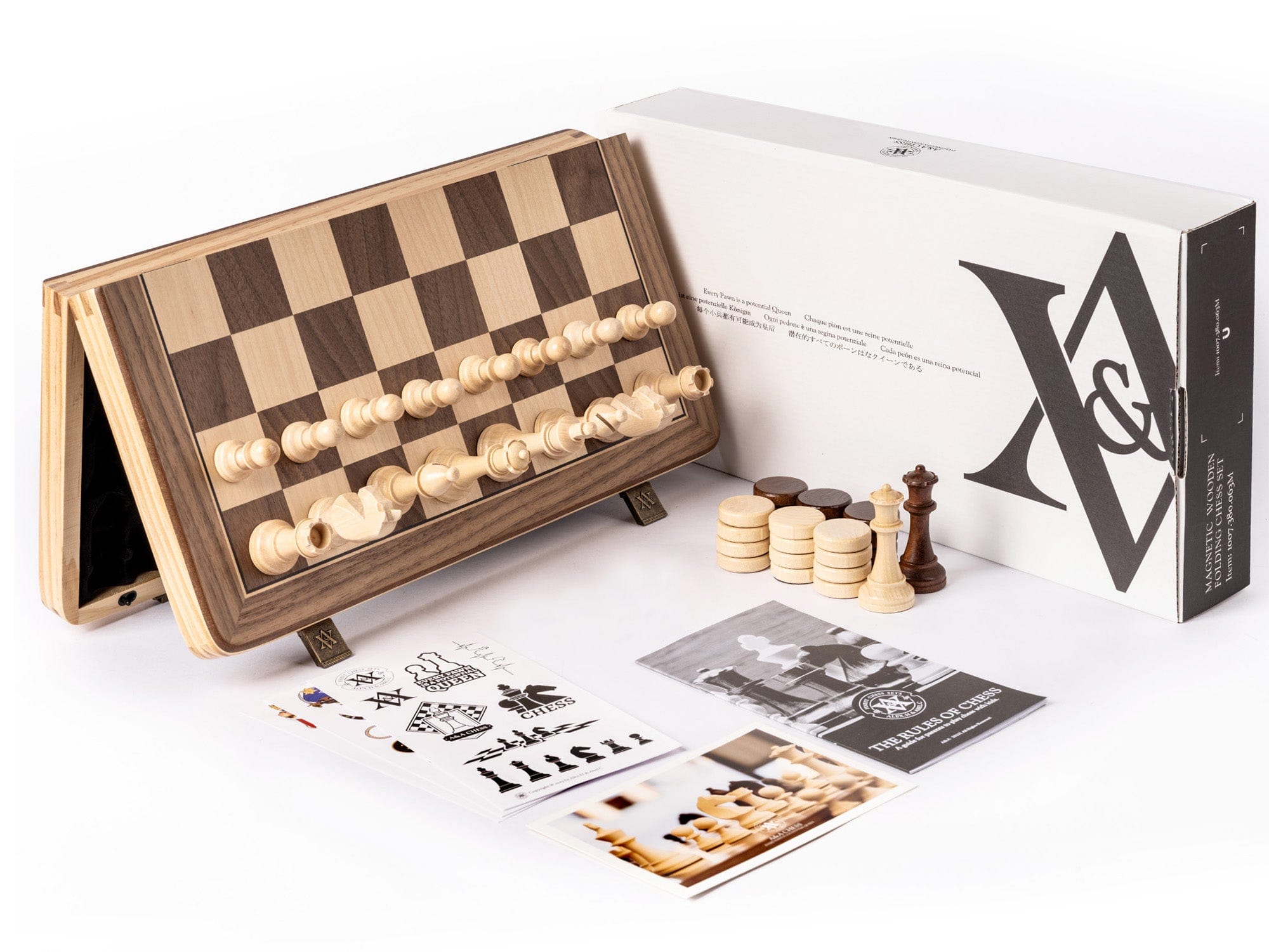A&A CHESS CHESS SET A&A 15'' Natural Wood Folding Magnetic Chess & Checkers Set