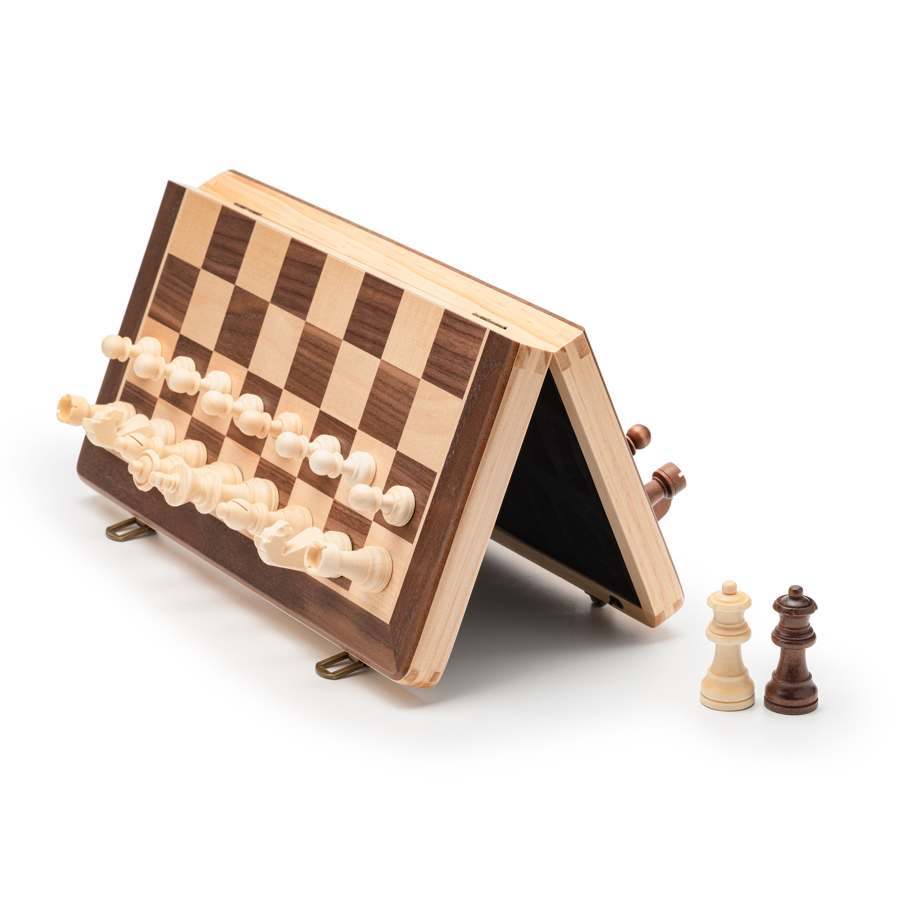 A&A 15 inch Wooden Folding Chess & Checkers Set w/ 3 inch King Height  Staunton Chess Pieces / 2 Extra Queens / 2 in 1 Board Game