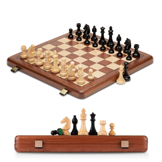 A&A 15 inch Wooden Folding Chess Set w/ 3 inch King Height Staunton Chess Pieces / 2 Extra Queens - Mahogany Box w/Mahogany & Maple Inlay