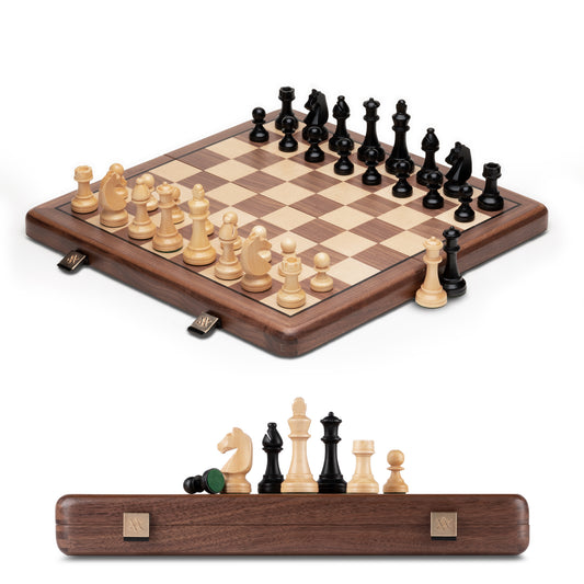 A&A 15 inch Wooden Folding Chess Set w/ 3 inch King Height Staunton Chess Pieces / 2 Extra Queens -Walnut Box w/Walnut & Maple Inlay