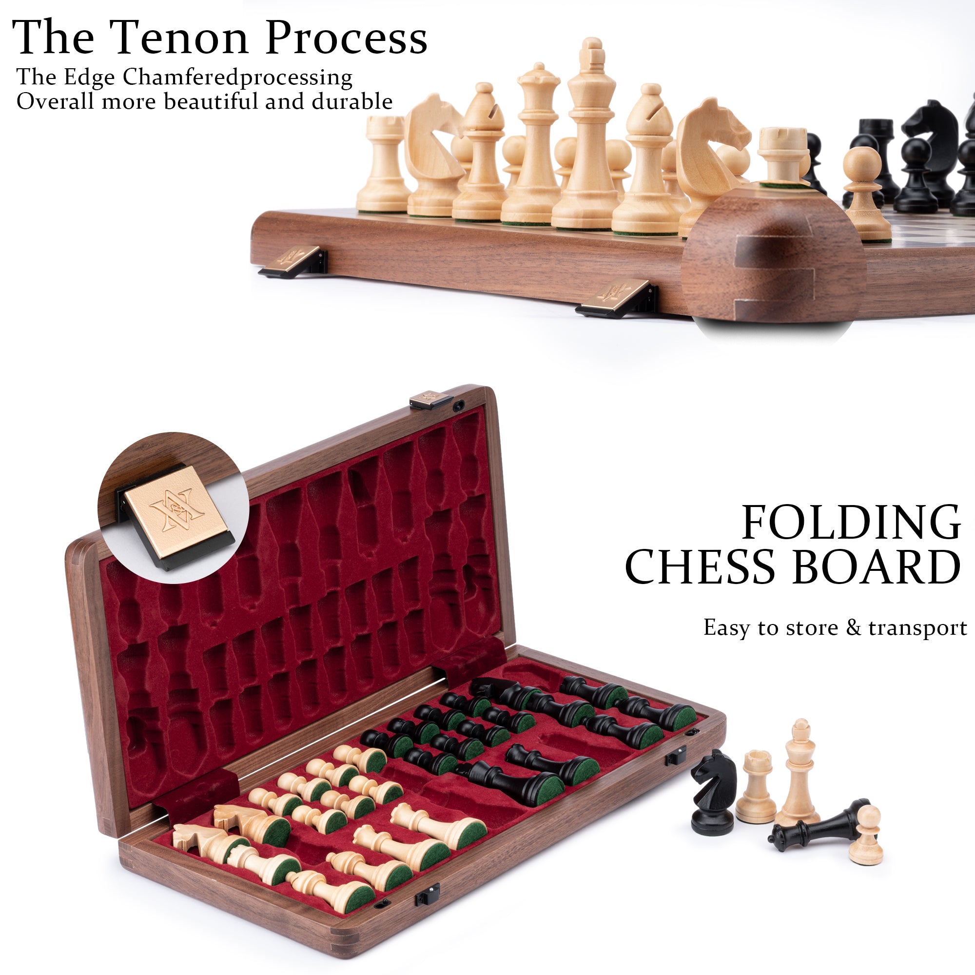 A&A Premium Natural Walnut Folding Chess Set, w/ 15" Board & 3" King Height Staunton Chess Pieces, Includes 2 Extra Queens and a Storage Bag