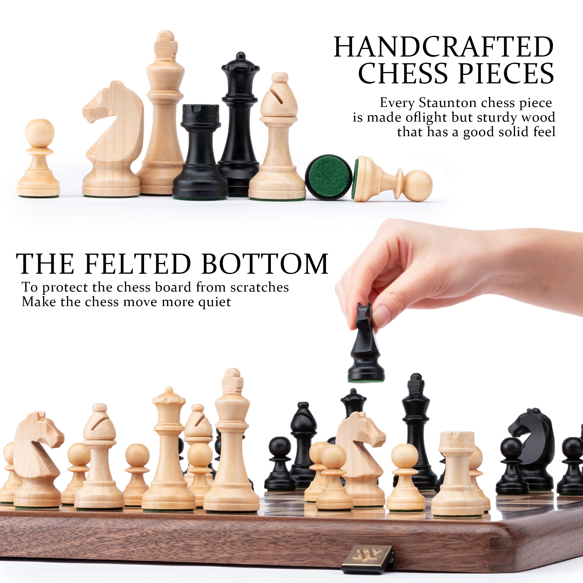 A&A Premium Natural Walnut Folding Chess Set, w/ 15" Board & 3" King Height Staunton Chess Pieces, Includes 2 Extra Queens and a Storage Bag