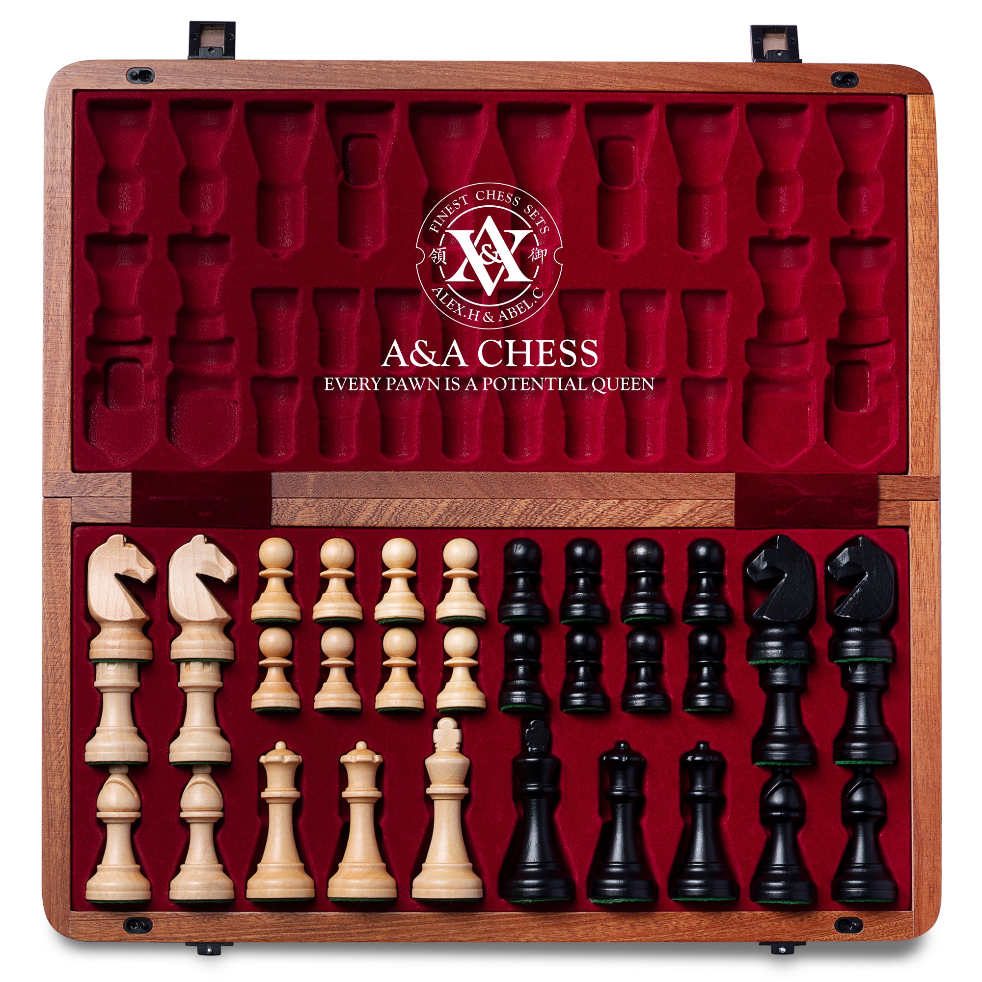 A&A 15 inch Wooden Folding Chess Set w/ 3 inch King Height Staunton Chess Pieces / 2 Extra Queens - Mahogany Box w/Mahogany & Maple Inlay