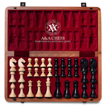 A&A 15 inch Wooden Folding Chess Set w/ 3 inch King Height Staunton Chess Pieces / 2 Extra Queens - Mahogany Box w/Mahogany & Maple Inlay