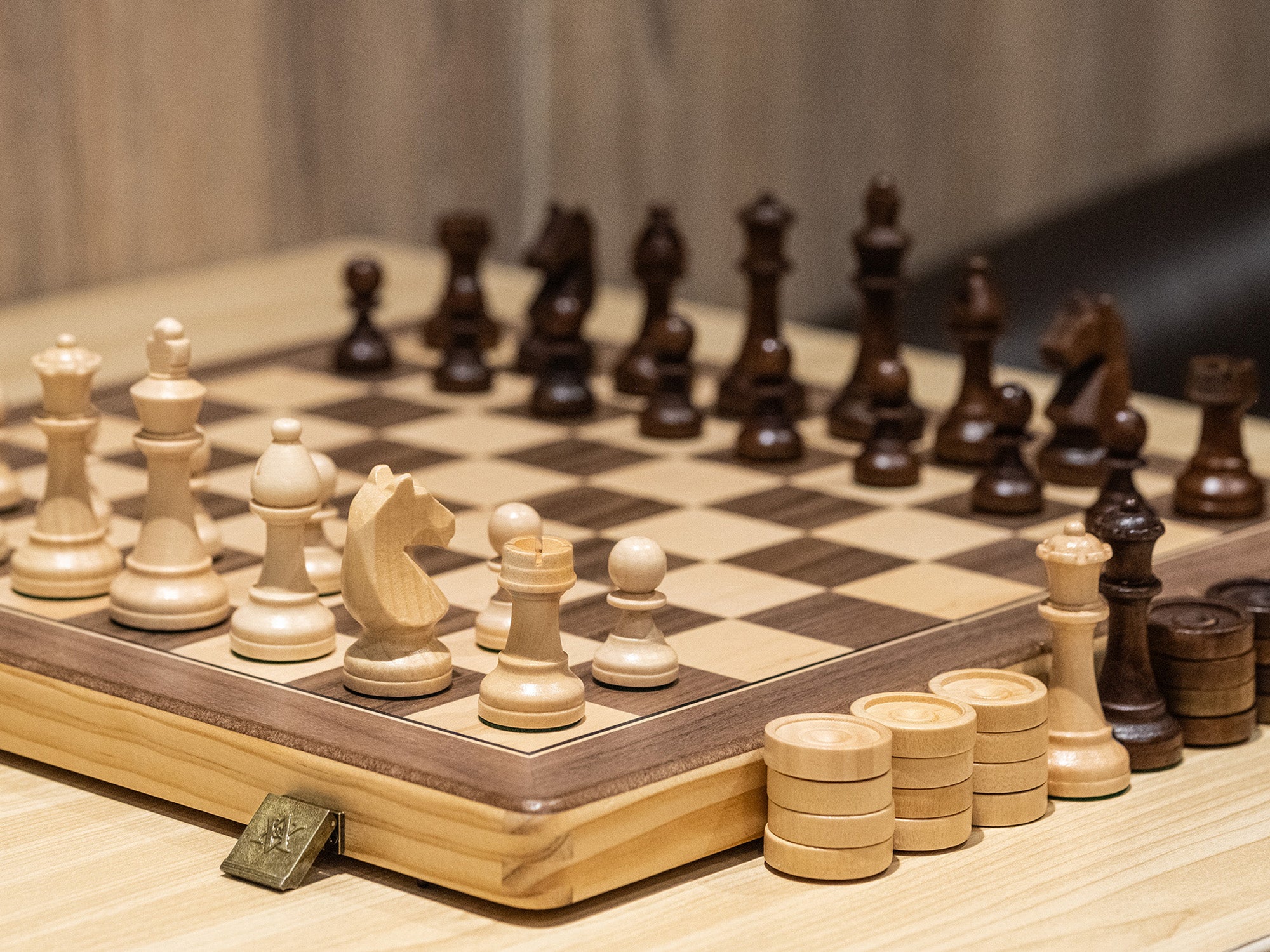 A&A 15'' Natural Wood Folding Chess & Checkers Set