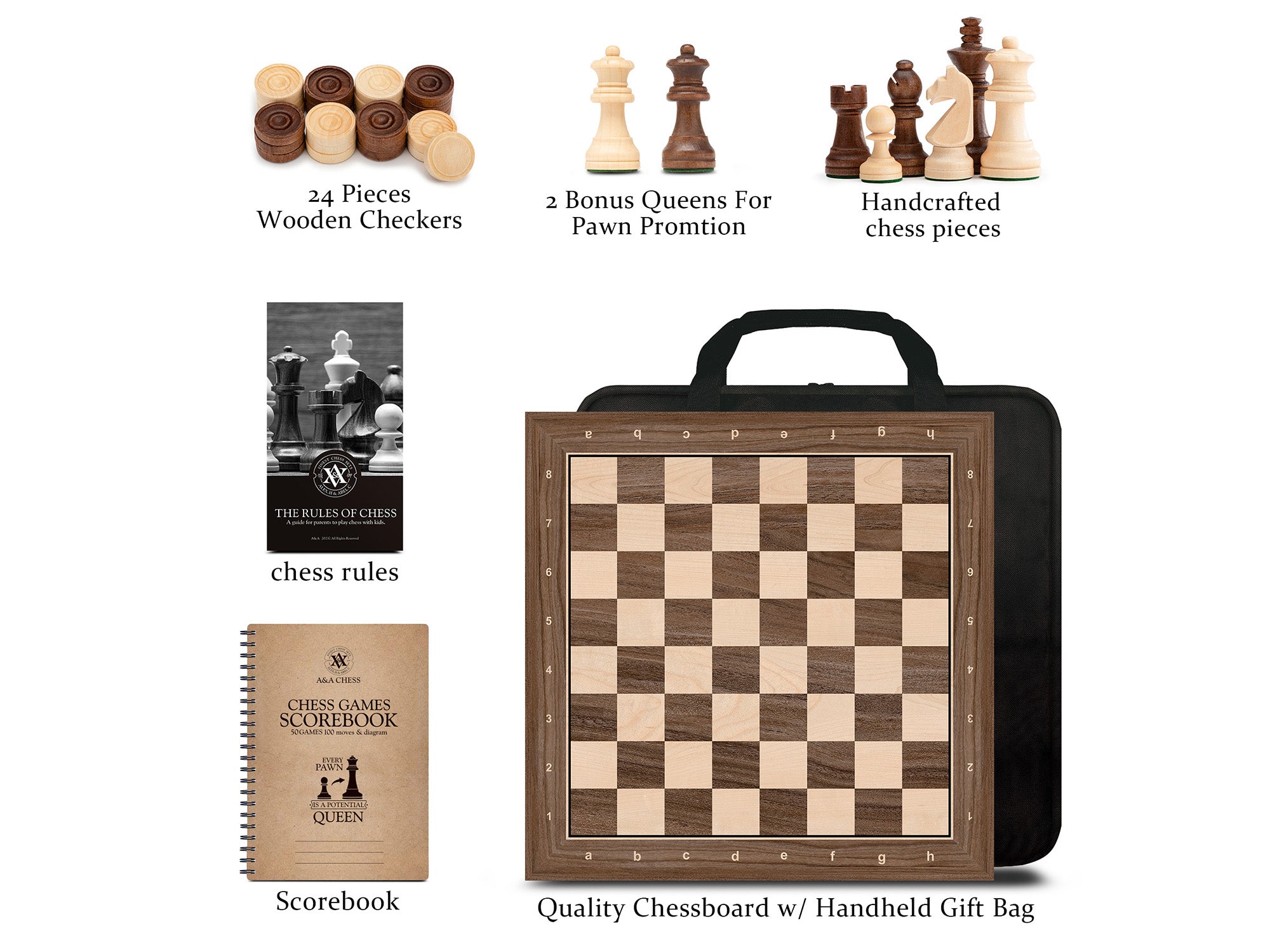 Set da viaggio A&A 15,5'' in legno per scacchi e dama con borsa da trasporto