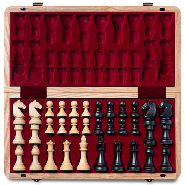 A&A Premium Natural European Ash Folding Chess Set, w/ 15" Board & 3" King Height Staunton Chess Pieces, Includes 2 Extra Queens and a Storage Bag