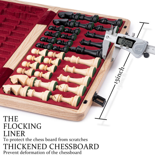 A&A Premium Natural European Ash Folding Chess Set, w/ 15" Board & 3" King Height Staunton Chess Pieces, Includes 2 Extra Queens and a Storage Bag