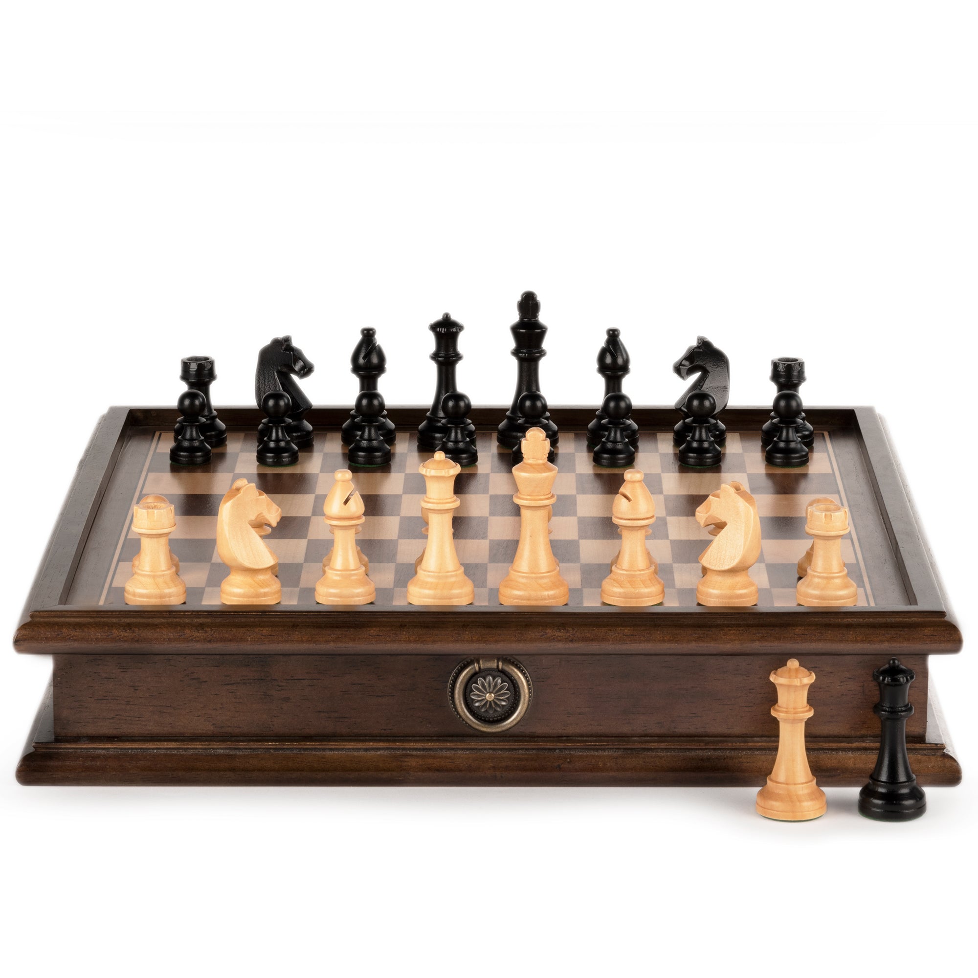 A&A 15 inch Solid Wood Chess Set w/Dual-Sided Storage Drawer/Weighted Chess Pieces - 3.0 inch King Height/ 2 Extra Queen/Classic Board Games