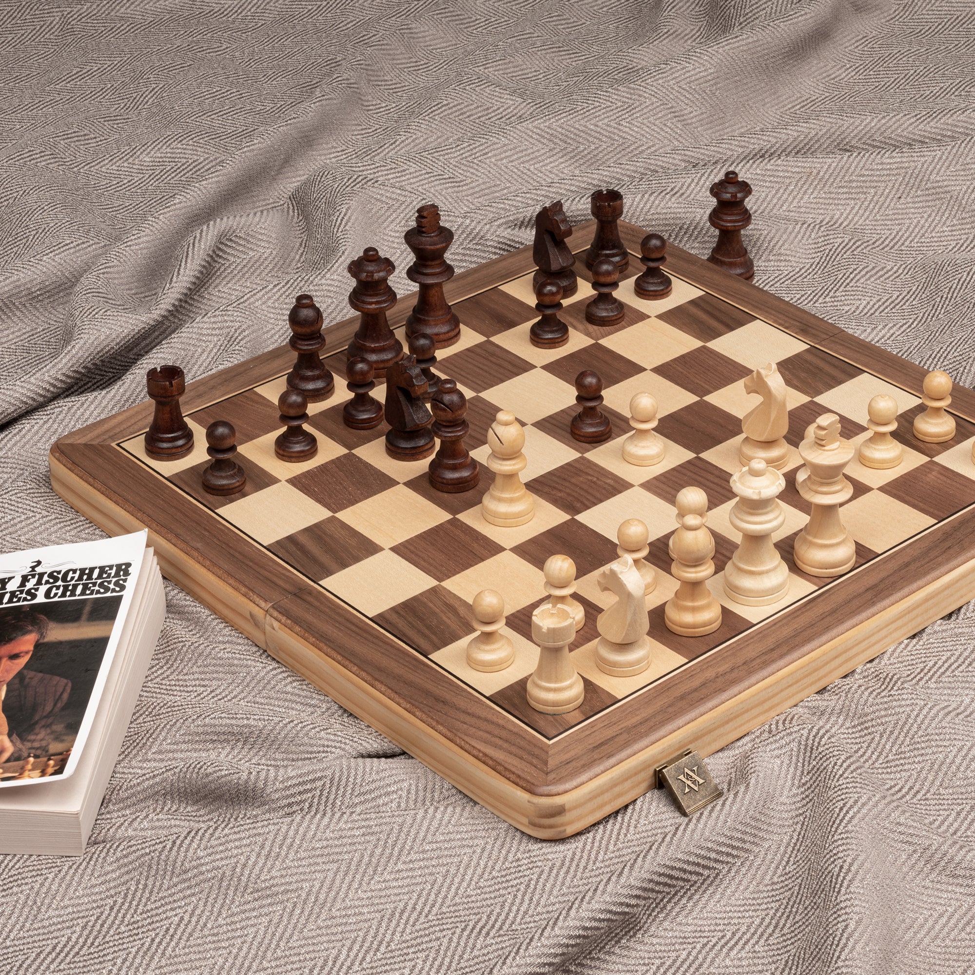 A&A 15" Magnetic Wooden Chess Set/Folding Board / 3" King Height German Knight Staunton Chess Pieces/Walnut & Maple Inlaid /2 Extra Queen