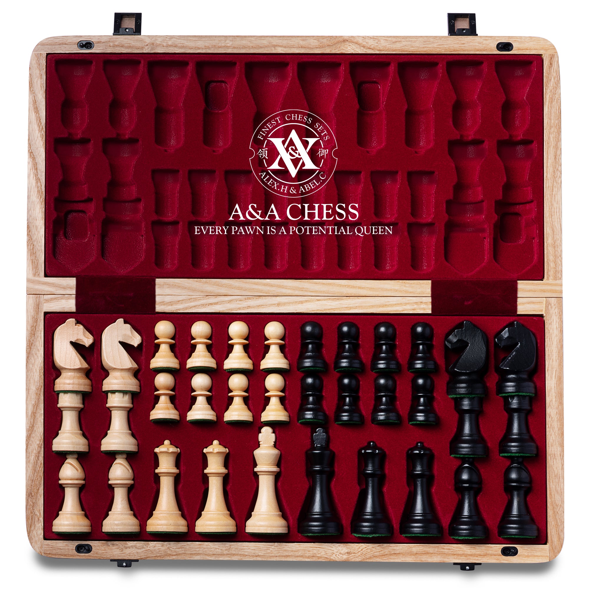 A&A 15 inch Wooden Folding Chess Set w/ 3 inch King Height Staunton Chess Pieces / 2 Extra Queens