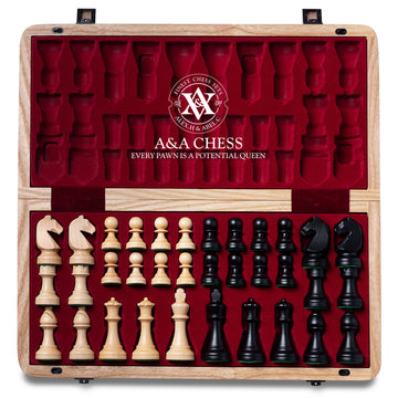 A&A 15 inch Wooden Folding Chess Set w/ 3 inch King Height Staunton Chess Pieces / 2 Extra Queens