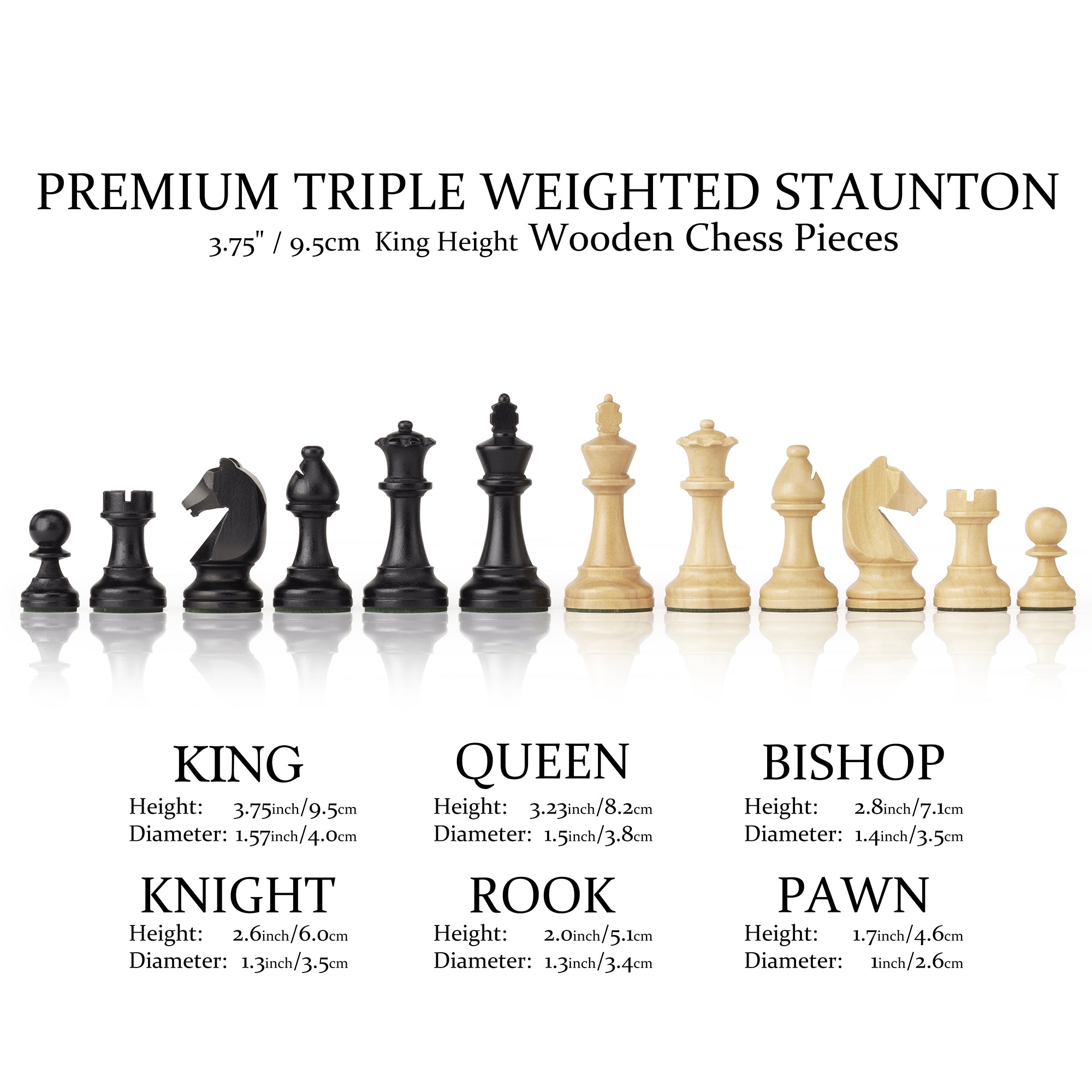 A&A Solid Wood Staunton Chess Pieces/ King Height 3.75"/9.5cm