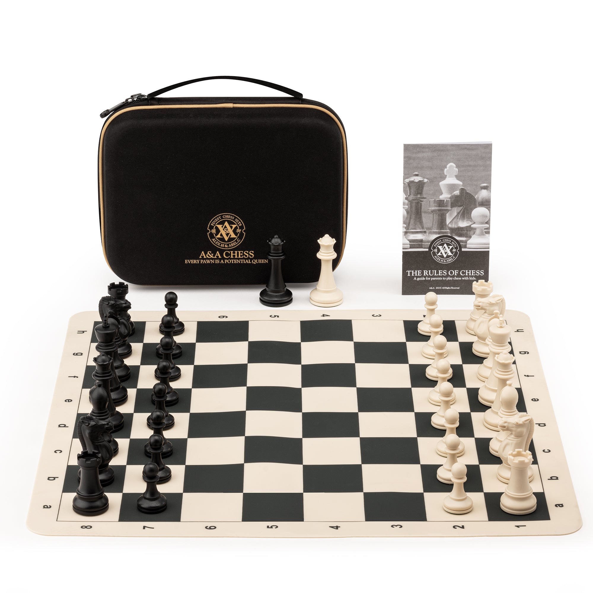 A&A Tournament Chess Set/ 20''x20'' Foldable Silicone Chess Board / 3.75'' King Height Plastic Quadruple Weighted Classic Staunton Pieces/Storage Bag for 6 Years Old - 2 Players