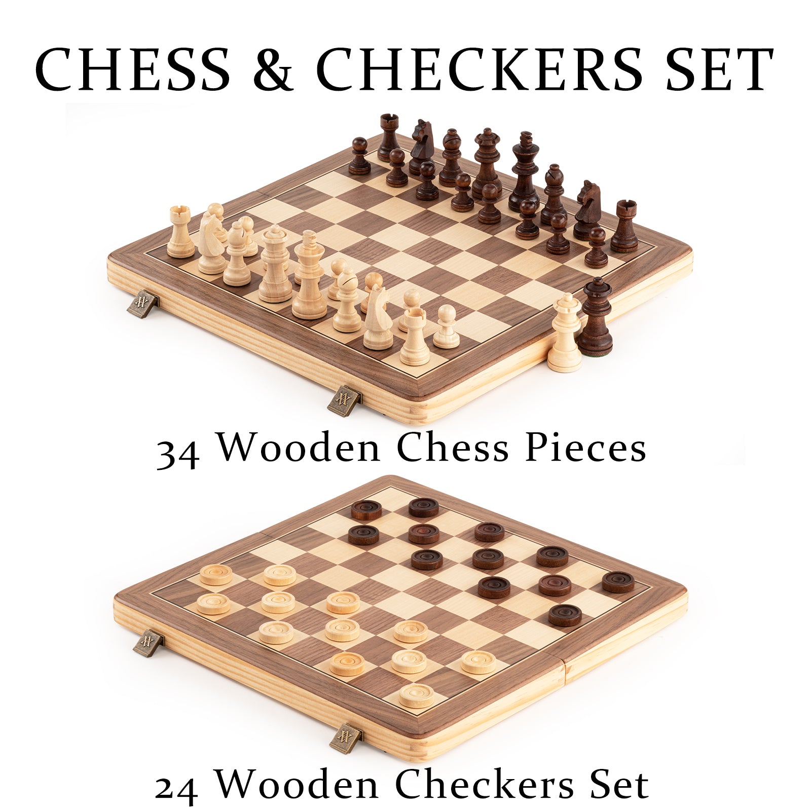 A&A Magnetic Wooden Chess Set, 38.1 cm, Folding Board, 7.6 cm, King Height German Knight Staunton Chess Pieces/Mahogany & Maple Wood / 2 Extra Queen/Board Games