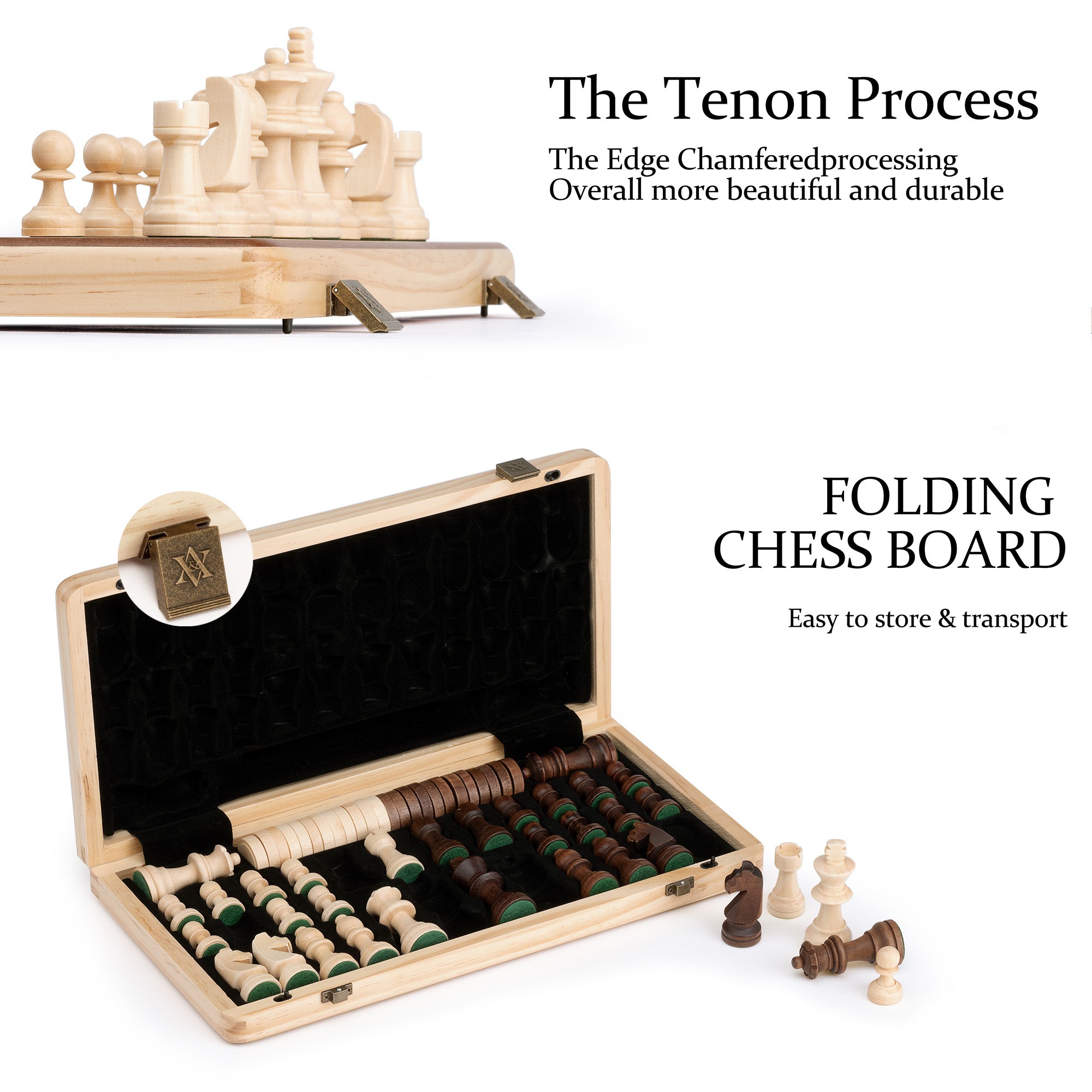 A&A 15'' Natural Wood Folding Chess & Checkers Set