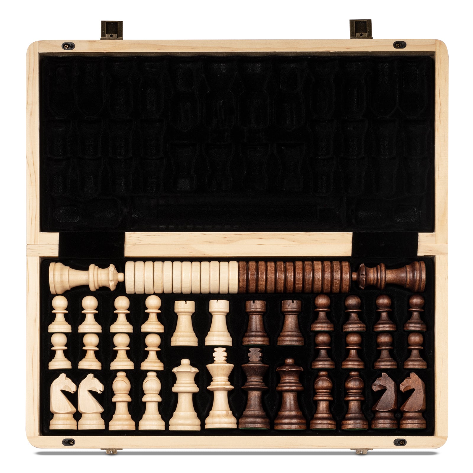 A&A Magnetic Wooden Chess Set, 38.1 cm, Folding Board, 7.6 cm, King Height German Knight Staunton Chess Pieces/Mahogany & Maple Wood / 2 Extra Queen/Board Games