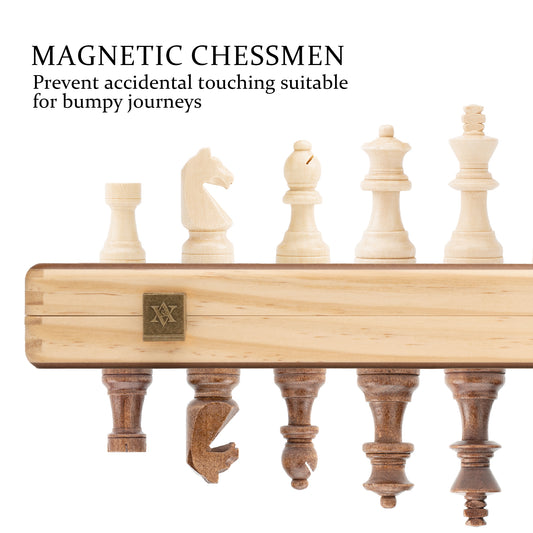 A&A 15" Magnetic Wooden Chess Set/Folding Board / 3" King Height German Knight Staunton Chess Pieces/Walnut & Maple Inlaid /2 Extra Queen