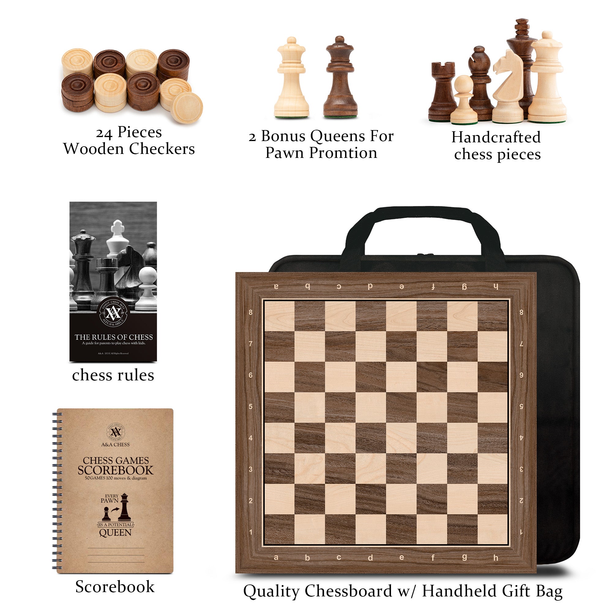 A&A Professional Wooden Chess and Checkers Set, 15.5" Wooden Board with 3" Weighted Wooden Chess Pieces, Chess Scorebook and Storage Bag