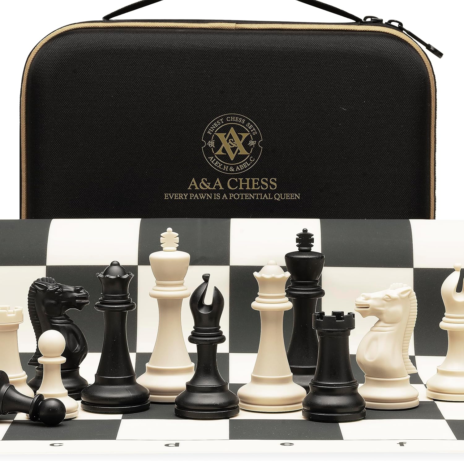 A&A Tournament Chess Set/ 20''x20'' Foldable Silicone Chess Board / 3.75'' King Height Plastic Quadruple Weighted Classic Staunton Pieces/Storage Bag for 6 Years Old - 2 Players