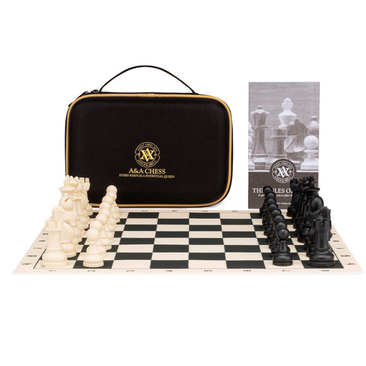 A&A Travel Chess Set / 15''x15'' Foldable Silicone Chess Board / 3.25'' King Height Plastic Staunton Pieces/Storage Bag