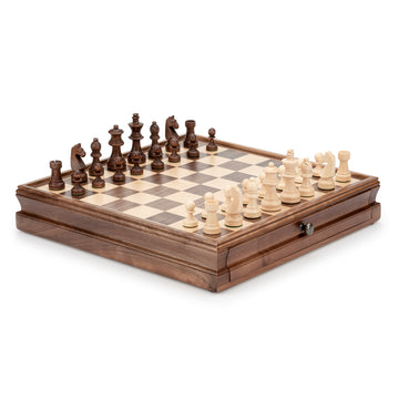 A&A 15 inch Walnut Wooden Chess Sets w/ Storage Drawer / Triple Weighted Chess Pieces - 3.0 inch King Height/ Walnut Box w/Walnut & Maple Inlay / 2 Extra Queen / Classic 2 in 1 Board Games