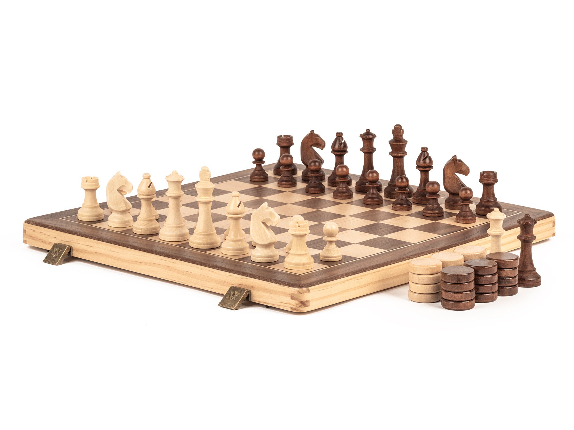 A&A 15'' Natural Wood Folding Magnetic Chess & Checkers Set