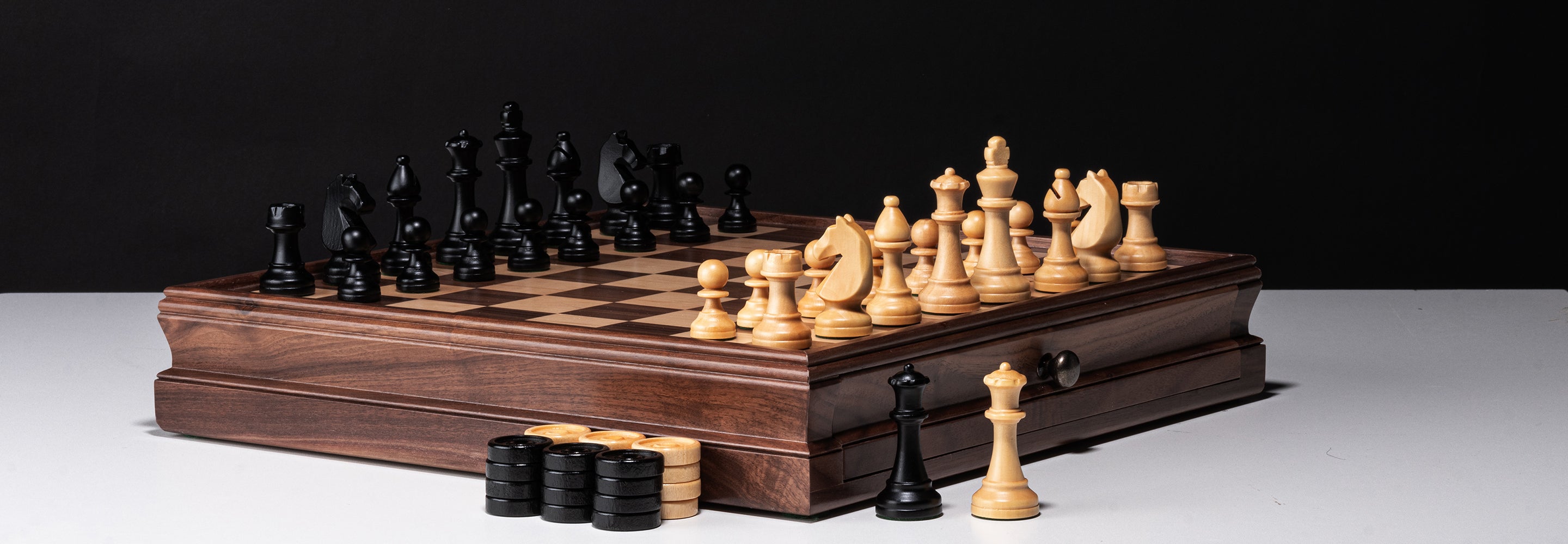 chess and checkers set with drawer