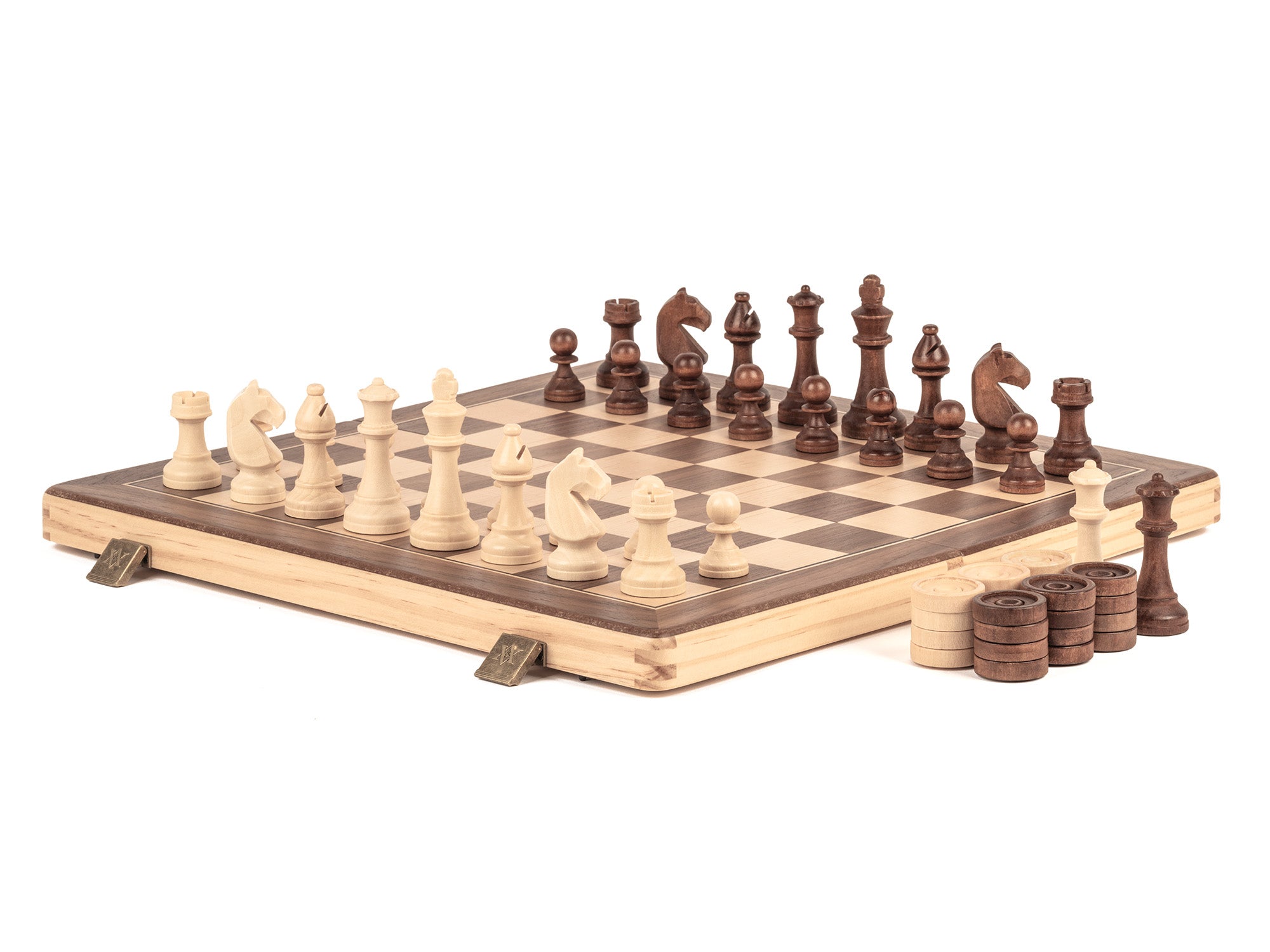 A&A 15'' Natural Wood Folding Chess & Checkers Set