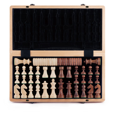 A&A 15 inch Wooden Folding Chess & Checkers Set/ 3 inch King Height Staunton Chess Pieces - Beech Box / Maple & Walnut Inlay