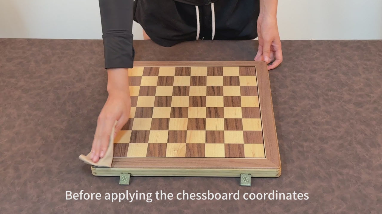 The video explains how to use A\&A CHESS's coordinate stickers on the chessboard.