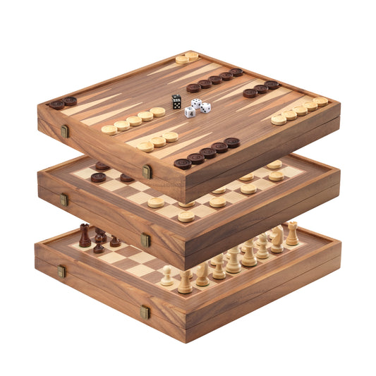 A&A 16 inch Deluxe 3 in 1 Wooden Backgammon Set-Chess Set with Checkers